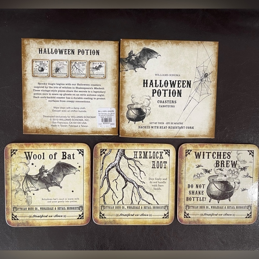 Williams Sonoma Halloween Potion set of 3 coasters spooky trick or treat party